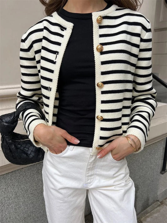 Striped Knit Sweater Cardigan Coat Female Loose Long Sleeve Slim Patchwork Contrast Outwear Summer Knitwear Coat