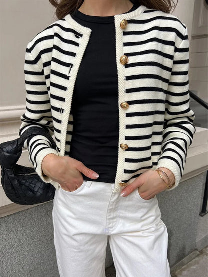 Striped Knit Sweater Cardigan Coat Female Loose Long Sleeve Slim Patchwork Contrast Outwear Summer Knitwear Coat