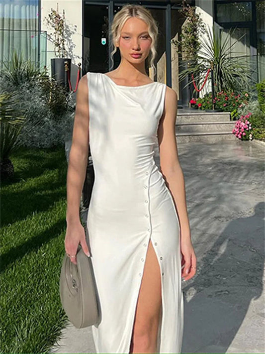 Summer White Maxi Dress High Waist Sleeveless Patchwork ’s Party Dress High Split Dress