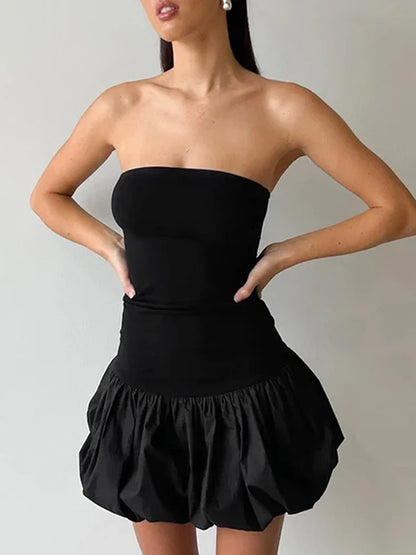 Summer Ruffled Mini Dress for Contrast High Waist Bandeau Patchwork Backless Dress Female Mini Dress