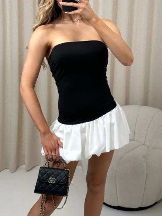 Summer Ruffled Mini Dress for Contrast High Waist Bandeau Patchwork Backless Dress Female Mini Dress