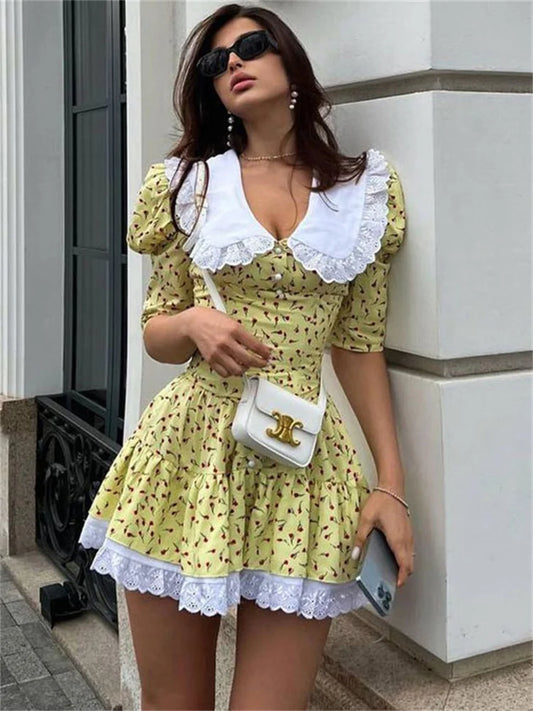 Summer Printed Patchwork Mini Dress Female V-neck Short Sleeve Slim Party Dress Gown for Dress