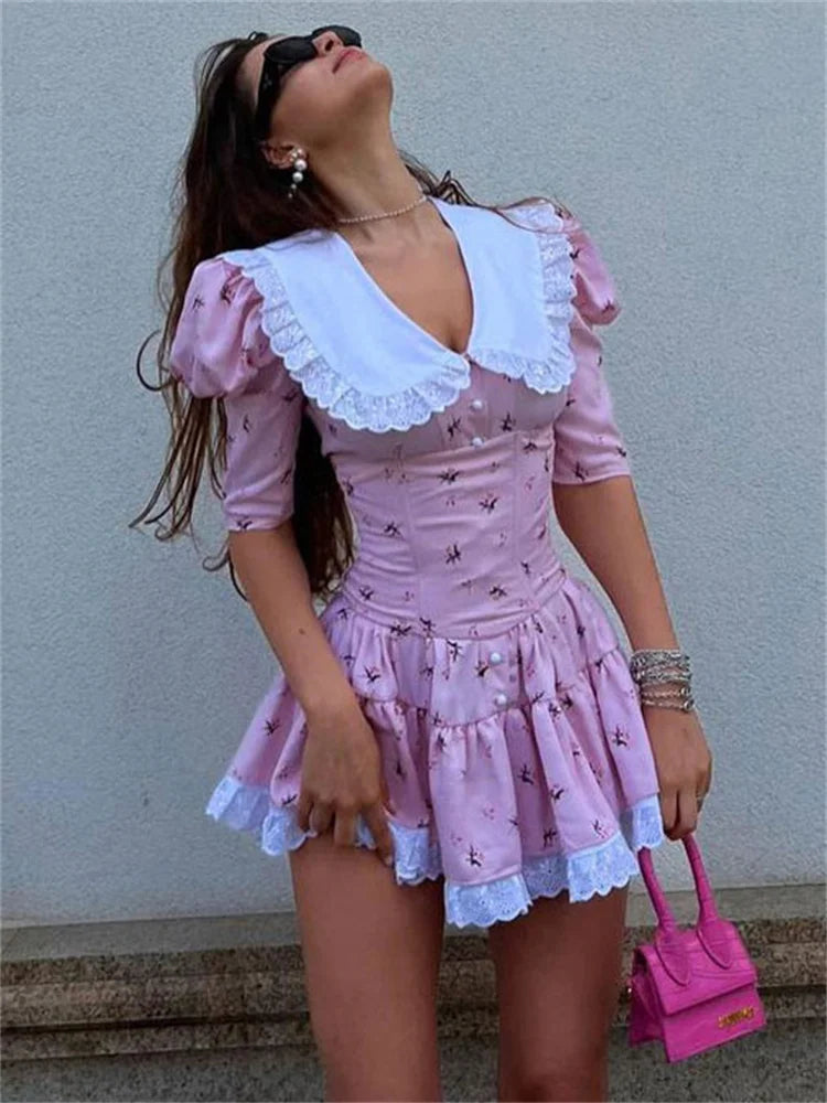 Summer Printed Patchwork Mini Dress Female Vneck Short Sleeve Slim Party Dress Gown for Dress