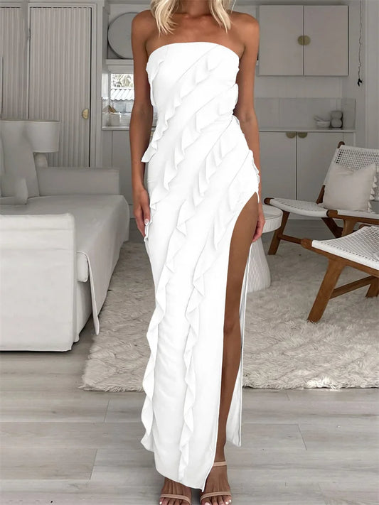 Summer Ruffled Patchwork Maxi Dress Female Backless Side Split High Waist Slim Party Dress Gown Long Dress