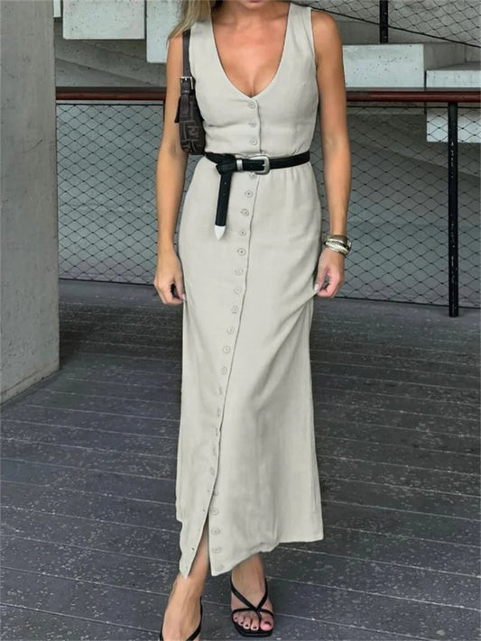 Summer V-neck Long Dress ’s Slim Lace-up High Waist Sleeveless Party Dress Maxi Dress New