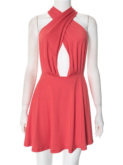 V-neck Backless Bandage Mini Dress