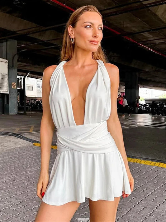 V-neck Backless Bandage Mini Dress