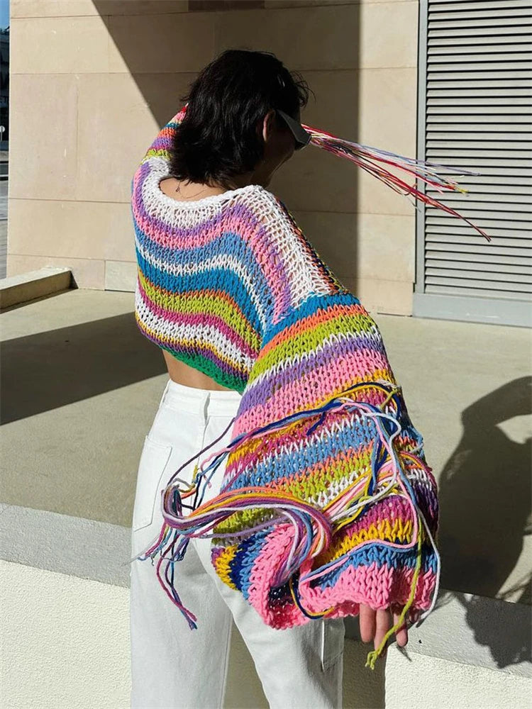 Tassel Contrast Holiday Sweater Pullovers for Loose Flared Sleeve Beach Knit Female Cover Up Pullover Crop Top
