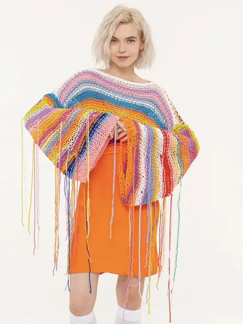 Tassel Contrast Holiday Sweater Pullovers for Loose Flared Sleeve Beach Knit Female Cover Up Pullover Crop Top