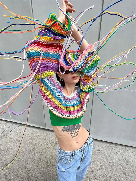 Tassel Contrast Holiday Sweater Pullovers for Loose Flared Sleeve Beach Knit Female Cover Up Pullover Crop Top