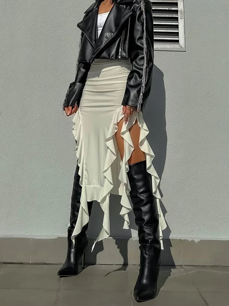 Dressbetty - Ruffled High Split Pleated Patchwork Maxi Skirt