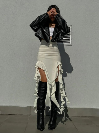 Dressbetty - Ruffled High Split Pleated Patchwork Maxi Skirt