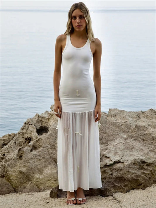 Tee Bow Mesh Patchwork Long Dress ’s Bandage See-through Beach Holiday Party Dress Slim Maxi Dress Summer New