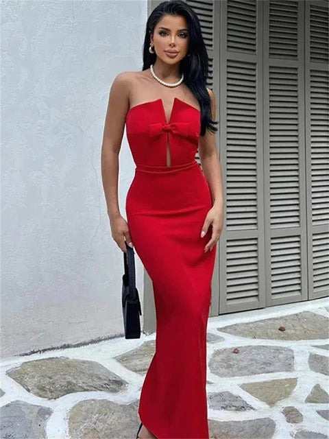 Tee Bow Off-shoulder Slim Long Dress for Patchwork Hollow Out Backless Clothes Female Party Dress
