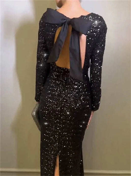 Tee Bow Sequin Slim Maxi Dress for Backless Split Glitter Club Party Dress Long Sleeve Dress