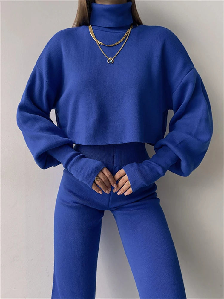 Turtleneck Two Piece Outfits for Lantern Sleeve Cropped Top and Straight Leg Pants Sets Tracksuit Outfits