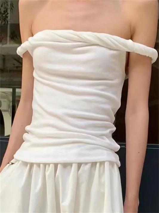 Twist Off-shoulder Slim T-shirt Patchwork Backless ’s Top Y2k Top Pleated Strapless Pullover Tee