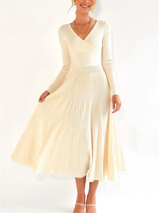 V-neck Backless Knit Maxi Dress for Slim Party Dress High Waist Ribbed Patchwork Long Dress