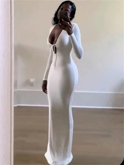 V-neck High Waist Slim Maxi Dress – Bandage Long Sleeve Party Dress Summer
