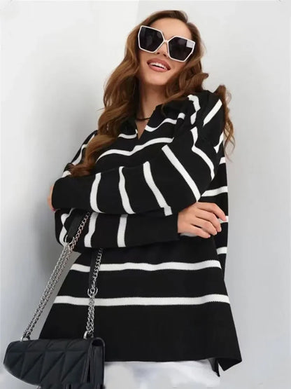 V-neck Knit Pullover for Striped Slim Long Sleeve Contrast Loose Sweater High Street Knitwear Pullover Top