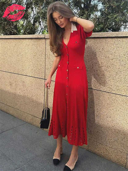 V-neck Knit Contrast Long Dress Hollow Out Lapel High Waist Party Dress Knitwear Maxi Dress
