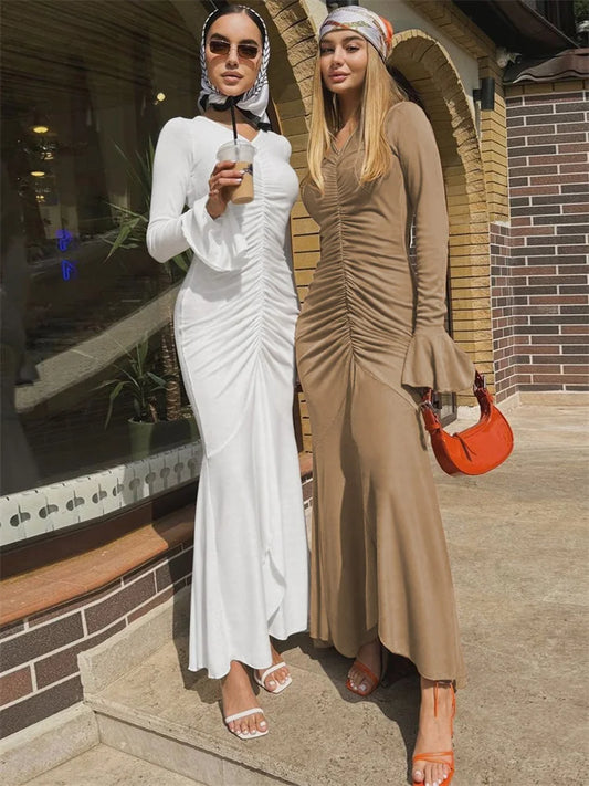 V-neck Pleated Slim Long Dress Female Ruffled Patchwork Party Dress New Maxi Dress