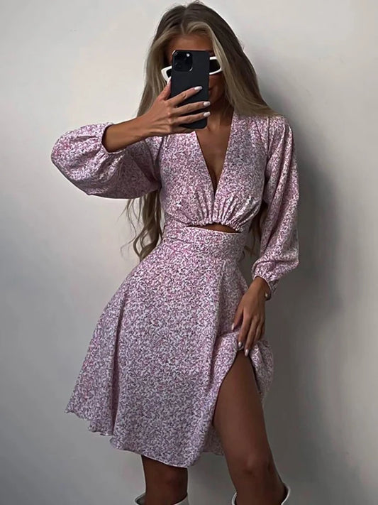 V-neck Printed Mini Dress for Summer Hollow Out Long Sleeve Dress Outfits Patchwork Slin Dress