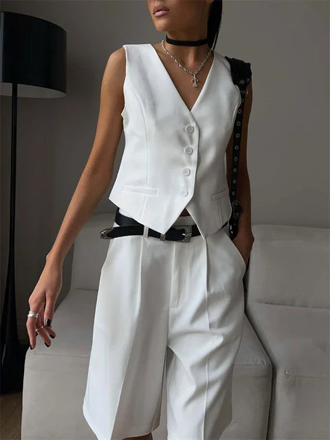 V-neck Sleeveless Female 2 Piece-set Slim Straight Trousers Pocket High Street Outfits Shorts Sets