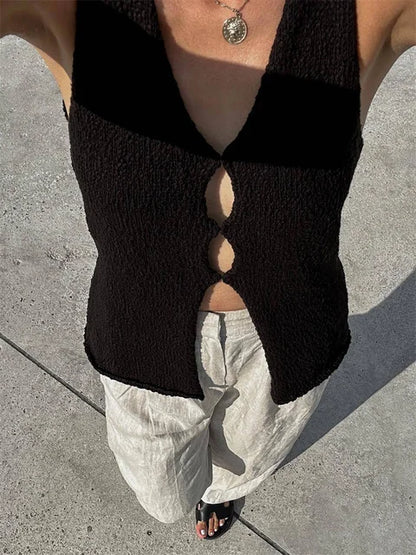 V-neck Sleeveless Knit Cardigan Sweater Hollow Out Female High Street Summer Vest Outfit for Knitwear Crop Top