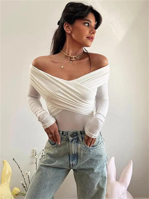 V-neck Summer Patchwork T-shirt Cropped Top for Mesh Long Sleeve Off-shoulder Female Y2k Top Tee