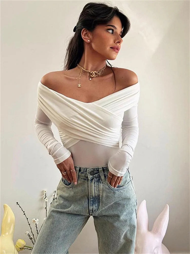 V-neck Summer Patchwork T-shirt Cropped Top for Mesh Long Sleeve Off-shoulder Female Y2k Top Tee