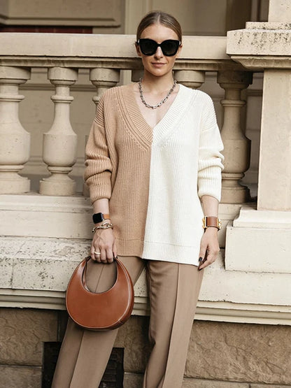 V-neck Waffle Knit Sweater Tops for Autumn New Patchwork Pullover Oversized Knitwear