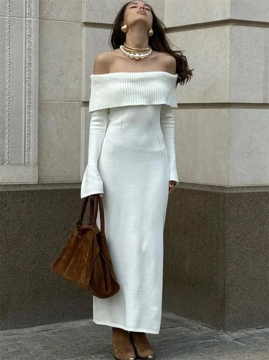 White Autumn Knit Sweater Long Dress Ribbed High Waist Off-shoulder Loose Party Dress Female Knitwear Dress