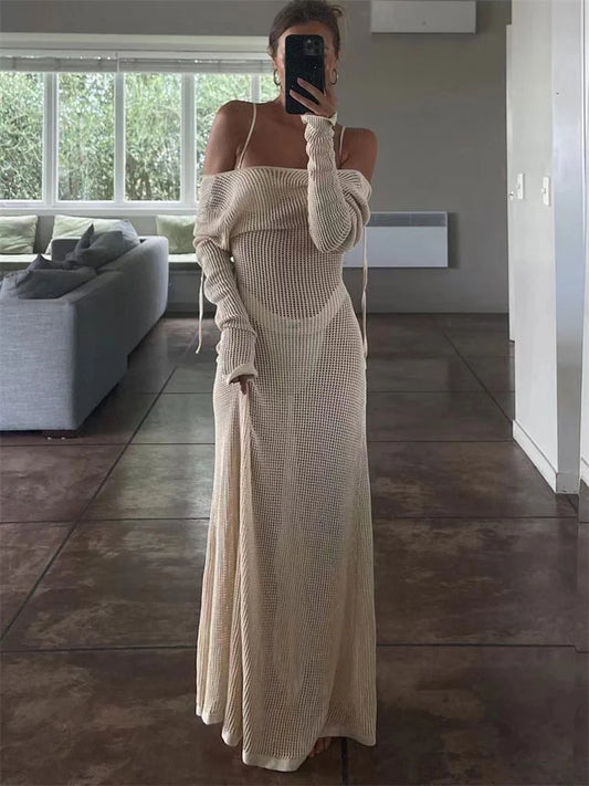 White Crochet Hollow Out Midi Dress for Long Sleeve Dress Beach Holiday See-through Summer Dress Cover-up