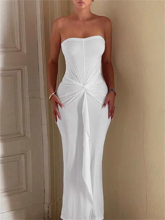 White Pleated Long Dress Bandeau Slim Backless High Waist Lace-up Party Dress Female Autumn Maxi Dress