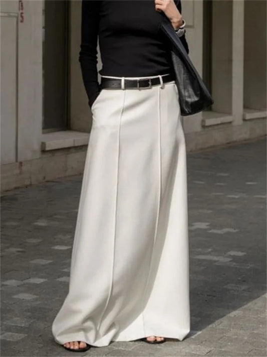 White High Waist Patchwork Long Skirt for Loose Pocket Summer Female Maxi Skirt