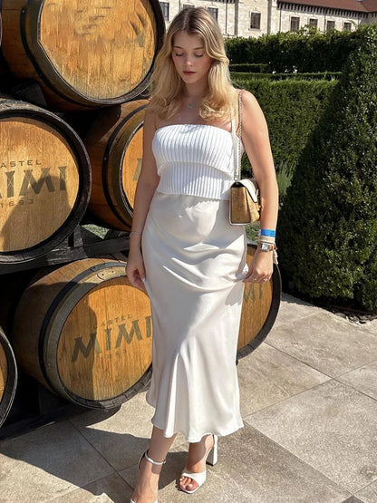White High Waist Slim Maxi Skirt – Patchwork Summer Long Skirt
