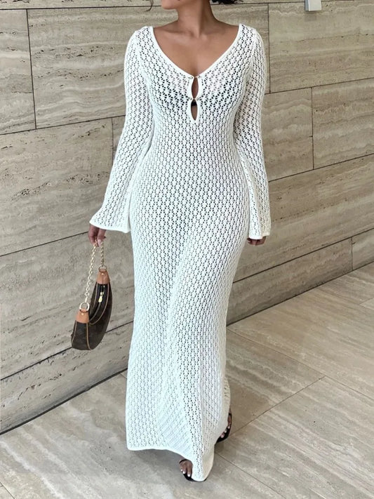 White Knit Cover Up Maxi Dress – Female See-through V-neck Hollow Out Beach Holiday Dress