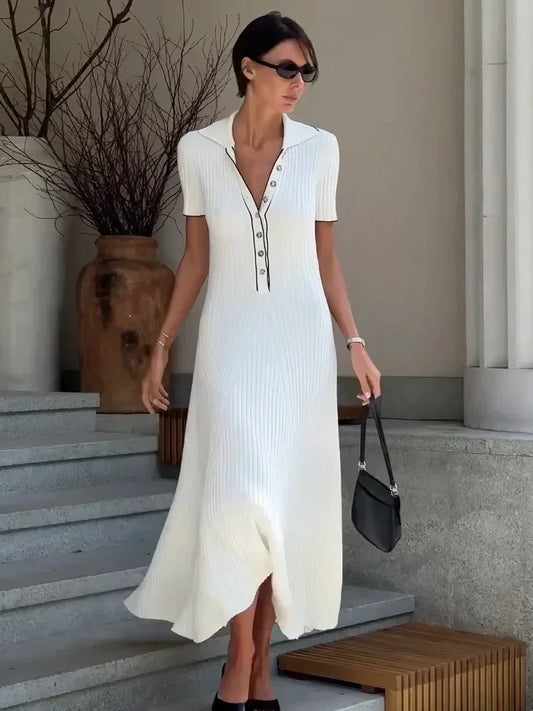 White Knit Maxi Dress for Short Sleeve Patchwork Party Dress Lapel High Waist Knitwear ’s Dress