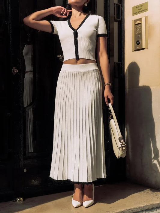 White Knit Sweater 2 Piece-set Maxi Skirt for Ribbed Short Sleeve Cardigan Top and Long Skirt Sets Knitwear Outfits