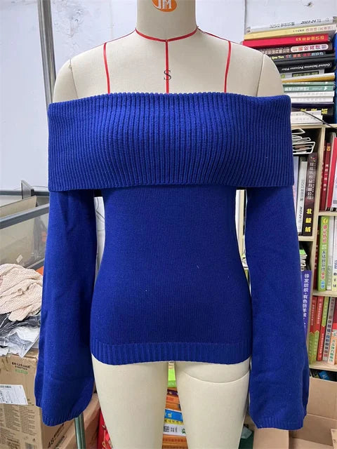 White Knit Sweater Pullover Female Off-shoulder Slim Long Sleeve High Waist Backless Loose Knitwear New