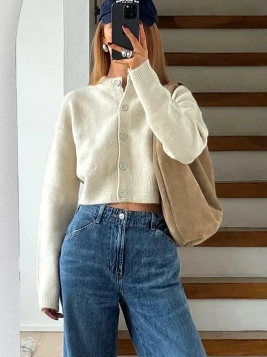 White Knitwear Patchwork Cardigan Sweater for Loose High Waist Knit Outwear ’s Coat