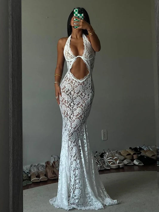 White Lace Printed Maxi Dress for Summer Backless See-through Patchwork Beach Dress Female Long Dress