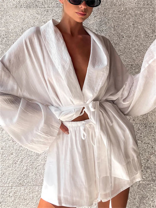 White Lace-up 2 Piece-set Shorts for Loose Bandage Cardigan Coat and High Waist Shorts Sets Female Outfits