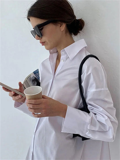 White Loose Shirts for See-through Patchwork Cardigan Coat Lapel Slim Long Sleeve Oversized Blouse Shirt