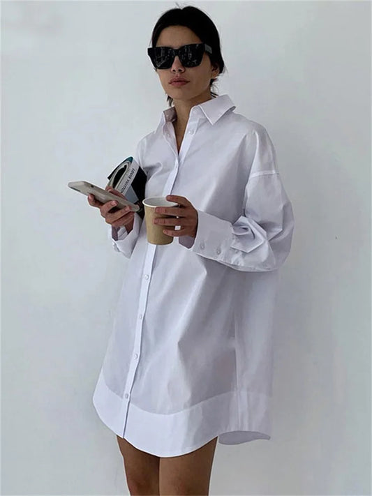 White Loose Shirts for See-through Patchwork Cardigan Coat Lapel Slim Long Sleeve Oversized Blouse Shirt