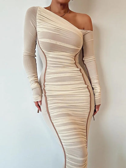 White Mesh Off-shoulder Maxi Dress Female Long Sleeve Patchwork Contrast Summer Backless Party Long Dress