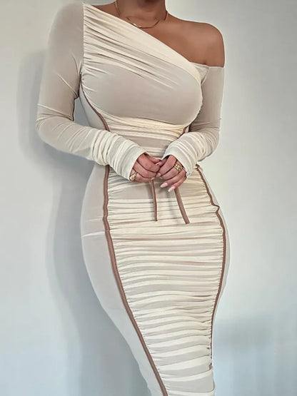 White Mesh Off-shoulder Maxi Dress Female Long Sleeve Patchwork Contrast Summer Backless Party Long Dress