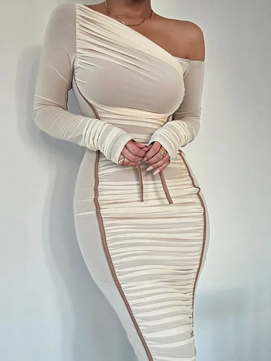 White Mesh Off-shoulder Maxi Dress Female Long Sleeve Patchwork Contrast Summer Backless Party Long Dress
