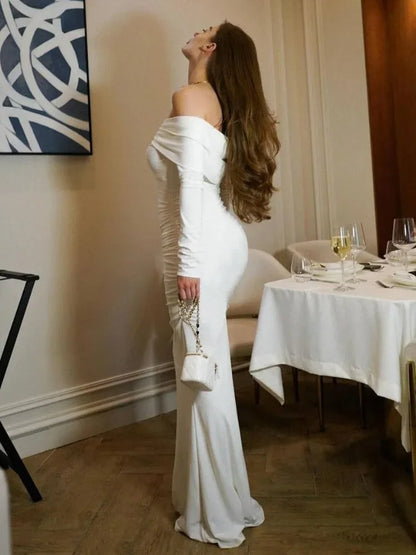 White Pleated Slim Maxi Dress for Patchwork Off-shoulder High Waist Dress Party Dress